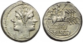 Anonymous, Quadrigatus, Rome, from 269 BC; AR (g 6,67; mm 21; h 11); Laureate janiform head of Dioscuri, Rv. Jupiter in quadriga driven by Victory r.,...
