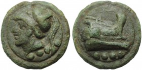 Anonymous, Cast Triens, Rome, c. 225-217 BC; AE (g 79,22; mm 43; h 12); Helmeted head of Minerva l.; below, °°°°, Rv. Prow r.; below, °°°°. Crawford 3...