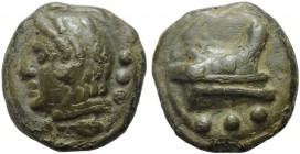 Anonymous, Cast Quadrans, Rome, c. 225-217 BC; AE (g 52,54; mm 39; h 12); Head of Hercules l., wearing lion’s skin; behind, °°°, Rv. Prow r.; below, °...