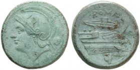 Anonymous, Uncia, Rome, 217-215 BC; AE (g 12,10; mm 26; h 6); Helmeted head of Roma l.; behind, °, Rv. Prow r.; above, ROMA; in ex. °. Crawford 38/6; ...