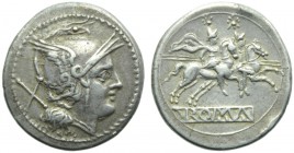 Anonymous, Denarius, Rome, post 215-214 BC; AR (g 4,42; mm 21; h 12); Helmeted head of Roma r.; behind, X, Rv. The Dioscuri galloping r.; in ex. ROMA ...