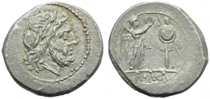 Anonymous, Victoriatus, Roma, post 215-214 BC; AR (g 3,20; mm 18; h 12); Laureat...
