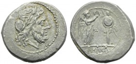 Anonymous, Victoriatus, Roma, post 215-214 BC; AR (g 3,20; mm 18; h 12); Laureate head of Jupiter r., Rv. Victory standing r., crowning trophy; in ex....