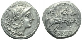 Anonymous, Denarius, Rome, after 215-214 BC; AR (g 4,12; mm 18; h 2); Helmeted head of Roma r.; behind, X, Rv. The Dioscuri galloping r.; in ex. ROMA....