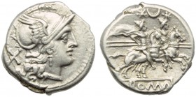 Anonymous (first crescent series), Denarius, Rome, 207 BC; AR (g 4,19; mm 19; h 6); Helmeted head of Roma r.; behind, X, Rv. The Dioscuri galloping r....