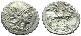 Anonymous (wheel series), Denarius serratus, Sicily (?), 209-208 BC; AR (g 4,03; mm 20; h 6); Helmeted head of Roma r.; behind, X, Rv. The Dioscuri ga...