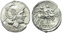 Anonymous (ROMA in monogram series), Denarius, South-East Italy, c. 211-210 BC; AR (g 4,01; mm 20; h 6); Helmeted head of Roma r.; behind, X, Rv. Dios...