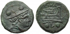Anonymous (third L series), Sextans, Luceria, 214-212 BC; AE (g 10,73; mm 25; h 11); Draped bust of Mercury r., wearing winged petasus; above, °°, Rv....