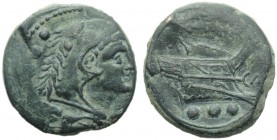 Anonymous (CA series), Quadrans, Canusium, 206-195 BC; AE (g 5,77; mm 19; h 3); Head of Hercules r., wearing lion’s skin; behind, °°°, Rv. Prow r.; ab...