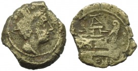Anonymous (AT or TA series), Sextans, Rome, 169-158 BC; AE (g 3,98; mm 19; h 8); Head of Mercury r., wearing winged petasus; above, °°, Rv. Prow r.; a...