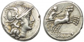 Anonymous, Denarius, Rome, 157-156 BC; AR (g 3,74; mm 17; h 6); Helmeted head of Roma r.; behind, X, Rv. Victory in biga r., holding goad and reins; i...