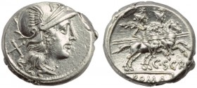 C. Scribonius, Denarius, Rome, 154 BC; AR (g 3,85; mm 18; h 6); Helmeted head of Roma r.; behind, X, Rv. The Dioscuri galloping r.; below, C SCR; in e...