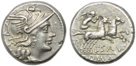 L. Saufeius, Denarius, Rome, 152 BC; AR (g 4,04; mm 16; h 8); Helmeted head of Roma r.; behind, X, Rv. Victory in biga r., holding whip and reins; bel...