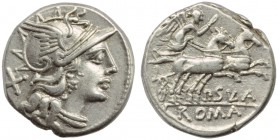 P. Cornelius Sulla, Denarius, Rome, 151 BC; AR (g 3,55; mm 18; h 5); Helmeted head of Rome r.; behind, X, Rv. Victory in biga r., holding reins and wh...