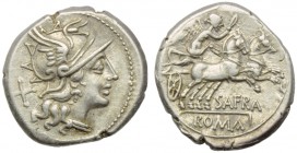 Spurius Afranius, Denarius, Rome, 150 BC; AR (g 4,23; mm 29; h 5); Helmeted head of Roma r.; behind, X, Rv. Victory in biga r., holding whip and reins...