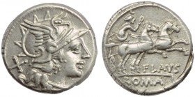 Decimius Flavus, Denarius, Rome, 150 BC; AR (g 3,58; mm 18; h 5); Helmeted head of Roma r.; behind, X, Rv. Luna in biga r., holding reins and whip; be...
