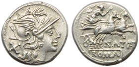 Pinarius Natta, Denarius, Rome, 149 BC; AR (g 3,88; mm 18; h 6); Helmeted head of Roma r.; behind, X, Rv. Victory in biga r., holding reins and whip; ...