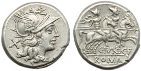 C. Junius C.f., Denarius, Rome, 149 BC; AR (g 4,06; mm 18; h 5); Helmeted head of Roma r.; behind, X, Rv. The Dioscuri galloping r.; below, C IVNI C F...