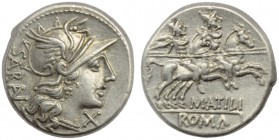M. Atilius Saranus, Denarius, Rome, 148 BC; AR (g 4,09; mm 18; h 11); Helmeted head of Roma r.; behind, SARAN; before, X, Rv. The Dioscuri galloping r...