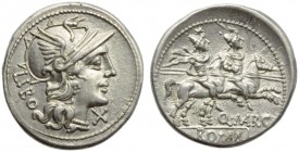 Q. Marcius Libo, Denarius, Rome, 148 BC; AR (g 3,89; mm 20; h 3); Helmeted head of Roma r.; behind, LIBO; before, X, Rv. The Dioscuri galloping r.; be...