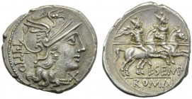 L. Sempronius Pitio, Denarius, Rome, 148 BC; AR (g 3,76; mm 20; h 2); Helmeted head of Roma r.; behind, PITIO; before, X, Rv. The Dioscuri galloping r...