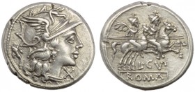 L. Cupiennius, Denarius, Rome, 147 BC; AR (g 3,85; mm 19; h 5); Helmeted head of Roma r.; behind, cornucopiae; before, X, Rv. The Dioscuri galloping r...