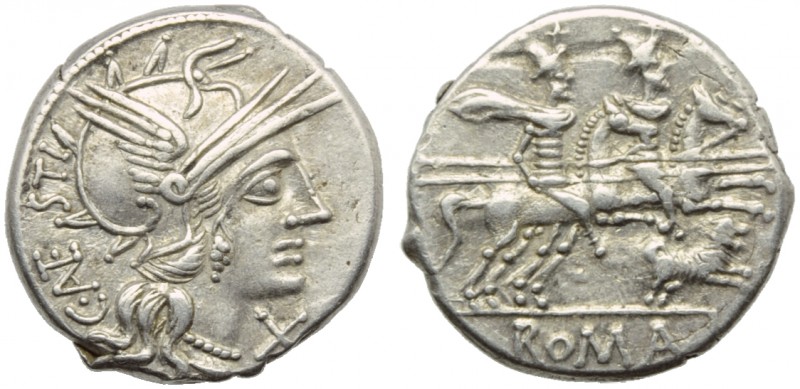 C. Antestius, Denarius, Rome, 146 BC; AR (g 3,73; mm 19; h 8); Helmeted head of ...
