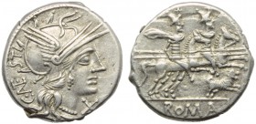 C. Antestius, Denarius, Rome, 146 BC; AR (g 3,73; mm 19; h 8); Helmeted head of Roma r.; before, X; behind, C ANTESTI, Rv. The Dioscuri galloping r.; ...