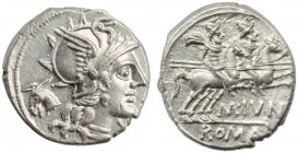 M. Junius Silanus, Denarius, Rome, 145 BC; AR (g 3,39; mm 18; h 3); Helmeted head of Roma r.; before, X; behind, ass’s head, Rv. The Dioscuri gallopin...
