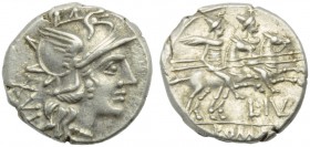 L. Julius, Denarius, Rome, 141 BC; AR (g 3,92; mm 18; h 6); Helmeted head of Roma r., behind, XVI, Rv. Dioscuri r.; below, L IVLI; in ex. ROMA. Crawfo...