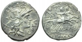 M. Aurelius Cotta, Denarius, Rome, 139 BC; AR (g 3,95; mm 18; h 5); Helmeted head of Roma r.; behind, X; before, COTA, Rv. Hercules in biga of centaur...