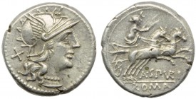 A. Spurilius, Denarius, Rome, 139 BC; AR (g 3,73; mm 18; h 6); Helmeted head of Roma r.; behind, X, Rv. Luna in biga r., holding reins and goad; below...
