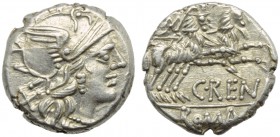 C. Renius, Denarius, Rome, 138 BC; AR (g 3,78; mm 16; h 8); Helmeted head of Roma r.; behind, X, Rv. Juno in biga of goats r.; below, C RENI; in ex. R...
