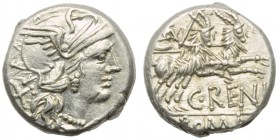 C. Renius, Denarius, Rome, 138 BC; AR (g 3,84; mm 16; h 2); Helmeted head of Roma r.; behind, X, Rv. Juno in biga of goats r.; below, C RENI; in ex. R...