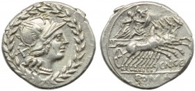 Cn. Gellius, Denarius, Rome, 138 BC; AR (g 3,78; mm 21; h 12); Helmeted head of Roma r.; behind, X; laurel-wreath as border, Rv. Warrior (Mars ?) in q...