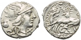 Sex. Pompeius Fostlus, Denarius, Rome, 137 BC; AR (g 4,00; mm 19; h 11); Helmeted head of Roma r.; behind, jug; before, X, Rv. She-wolf r., suckling t...