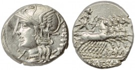 M. Baebius Q.f. Tampilus, Denarius, Rome, 137 BC; AR (g 3,99; mm 19; h 3); Helmeted head of Roma l.; behind, TAMPIL; before, X, Rv. Apollo in quadriga...