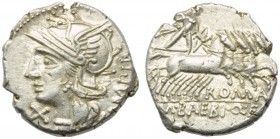 M. Baebius Q.f. Tampilus, Denarius, Rome, 137 BC; AR (g 3,95; mm 18; h 2); Helmeted head of Roma l.; behind, TAMPIL; before, X, Rv. Apollo in quadriga...