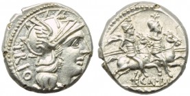 Cn. Lucretius Trio, Denarius, Rome, 136 BC; AR (g 4,07; mm 18; h 5); Helmeted head of Roma r.; behind, TRIO; before, X, Rv. The Dioscuri galloping r.;...
