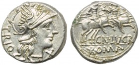 Cn. Lucretius Trio, Denarius, Rome, 136 BC; AR (g 3,93; mm 18; h 1); Helmeted head of Roma r.; behind, TRIO; before, X, Rv. The Dioscuri galloping r.;...