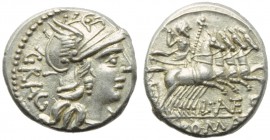 L. Antestius Gragulus, Denarius, Rome, 136 BC; AR (g 3,86; mm 18; h 3); Helmeted head of Roma r.; before, *; behind, GRAG, Rv. Jupiter in quadriga r.,...