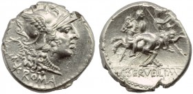 C. Servilius M.f., Denarius, Rome, 136 BC; AR (g 3,83; mm 18; h 6); Helmeted head of Roma r.; behind, wreath; below, * ROMA, Rv. The Dioscuri riding a...