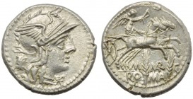 M. Marcius Mn.f., Denarius, Rome, 134 BC; AR (g 3,90; mm 20; h 3); Helmeted head of Roma r.; before, *; behind, modius, Rv. Victory in biga r., holdin...