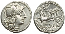 P. Maenius M.f. Antiaticus, Denarius, Rome, 132 BC; AR (g 3,91; mm 19; h 11); Helmeted head of Roma r.; behind, *, Rv. Victory in quadriga r., holding...