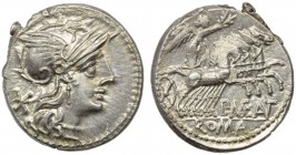 P. Maenius M.f. Antiaticus, Denarius, Rome, 132 BC; AR (g 3,94; mm 19; h 1); Helmeted head of Roma r.; behind, *, Rv. Victory in quadriga r., holding ...