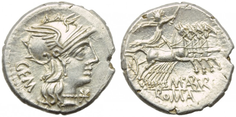 M. Aburius M.f. Geminus, Denarius, Rome, 132 BC; AR (g 3,94; mm 20; h 6); Helmet...