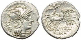 M. Aburius M.f. Geminus, Denarius, Rome, 132 BC; AR (g 3,94; mm 20; h 6); Helmeted head of Roma r.; behind, GEM; before, *, Rv. Sol in quadriga r., ho...