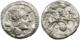 Ti. Quinctius Flamininus, Denarius, Rome, 126 BC; AR (g 3,43; mm19; h 8); Helmeted head of Rome r.; behind, apex;before, *, Rv. The Dioscuri galloping...