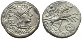 Mn. Acilius Balbus, Denarius, Rome, 125 BC; AR (g 3,87; mm 18; h 12); Helmeted head of Roma r.; behind, BALBVS; before, *; below, ROMA; around, laurel...