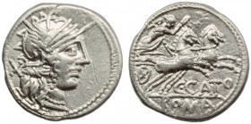C. Porcius Cato, Denarius, Rome, 123 BC; AR (g 3,89; mm 19; h 5); Helmeted head of Roma r.; behind, X, Rv. Victory in biga r., holding whip and reins;...